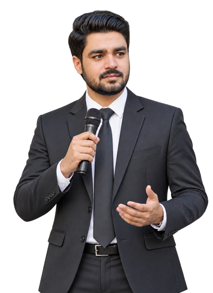 VRC presenter standing with a microphone